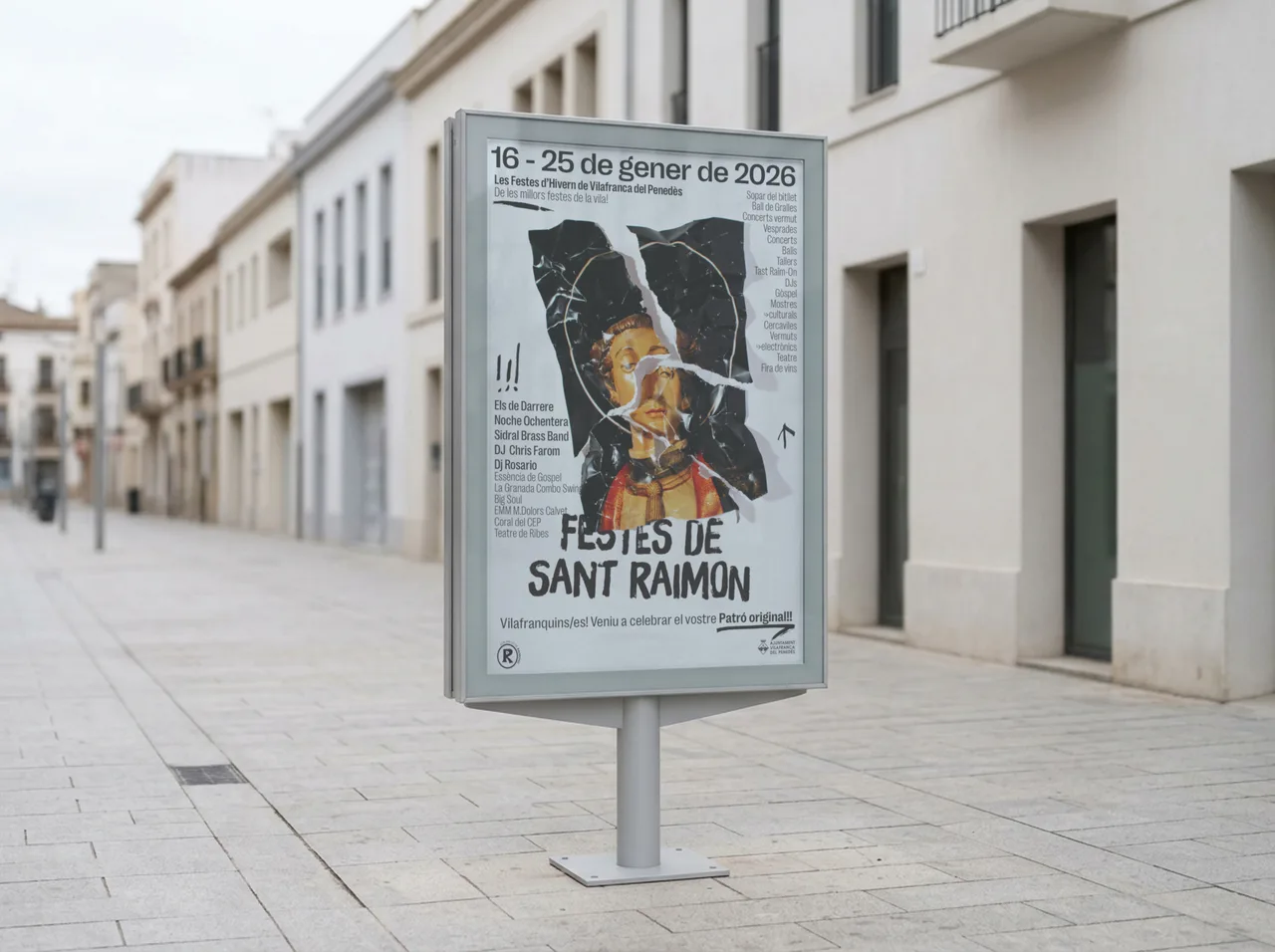 Aplicació fictícia del cartell de la campanya de les festes de Sant Raimon en un opi de carrer, en un carrer de vianants